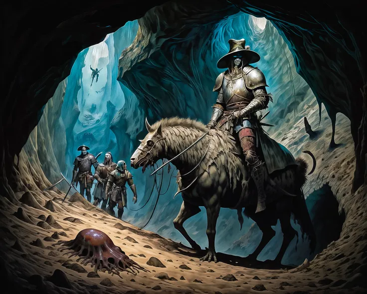 there is a man riding a horse in a cave with other people