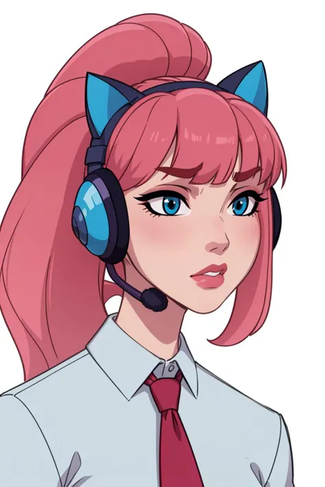 SonechkaVK ,blue headset, fake animal ears, ponytail, pink hair, long hair,white shirt,red tie, makeup<lora:SonechkaVK:0.7>