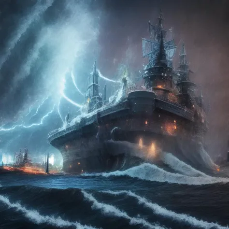 a large ship in the middle of a stormy ocean with lightning