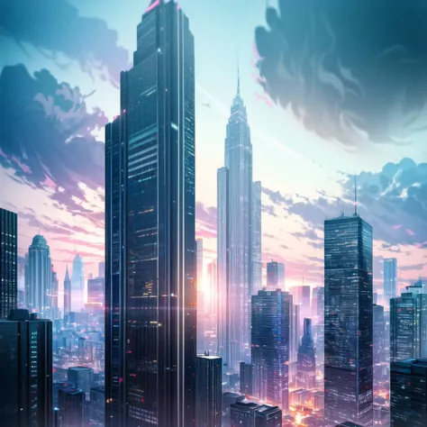 A stormy sky over a cityscape with tall buildings, Tilting, Negative Space, separation light, high key masterpiece, realistic, award winning, volumetric light and fog, neon palette, subsurface scattering, caustics, bloom, perfect exposure, perfect composit...