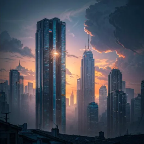 A stormy sky over a cityscape with tall buildings, Tilting, Negative Space, separation light, high key masterpiece, realistic, award winning, volumetric light and fog, neon palette, subsurface scattering, caustics, bloom, perfect exposure, perfect composit...