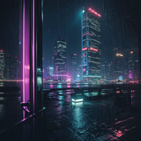 cyberpunk dark city, skyscrapers, neon lights, advertisment, night, hyper-realistic, photo, highly detailed, glass city, rainy, realism, moody cinematic, 8k, 3.5 mm, tokyo, futuristic, octane render, japanese, synthwave, cityscape, dramatic, wide angle, sc...