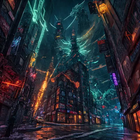 a city street with neon lights and a tall building