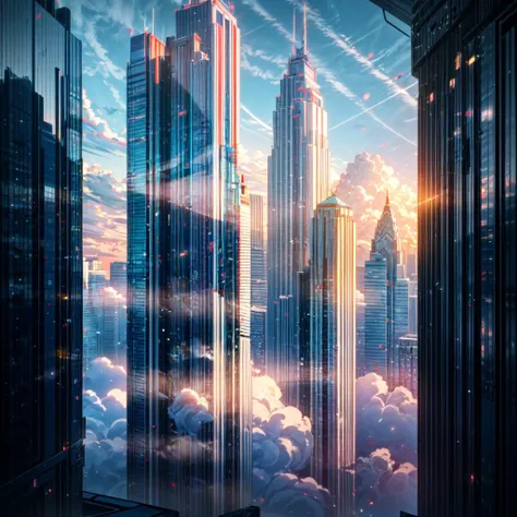 A stormy sky over a cityscape with tall buildings, Tilting, Negative Space, separation light, high key masterpiece, realistic, award winning, volumetric light and fog, neon palette, subsurface scattering, caustics, bloom, perfect exposure, perfect composit...