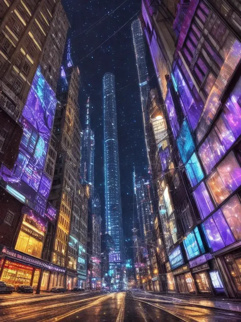 a view of a city street at night with a lot of buildings