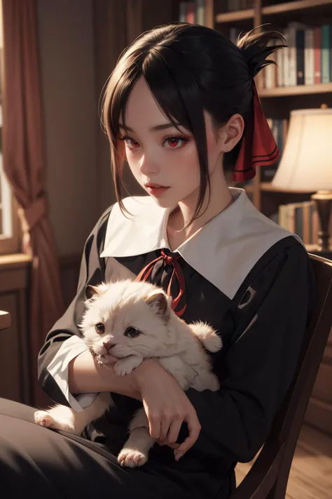 anime girl with black hair holding a white cat in her lap