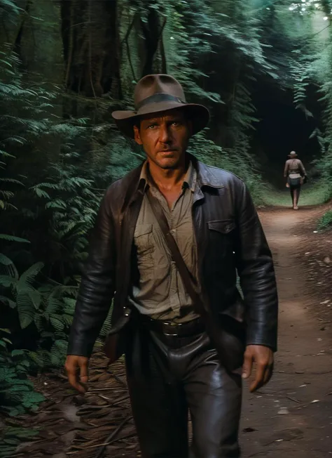 arafed man in a hat and leather jacket walking down a path