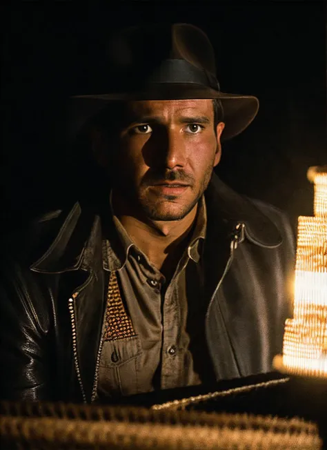 arafed man in a hat and leather jacket holding a lamp