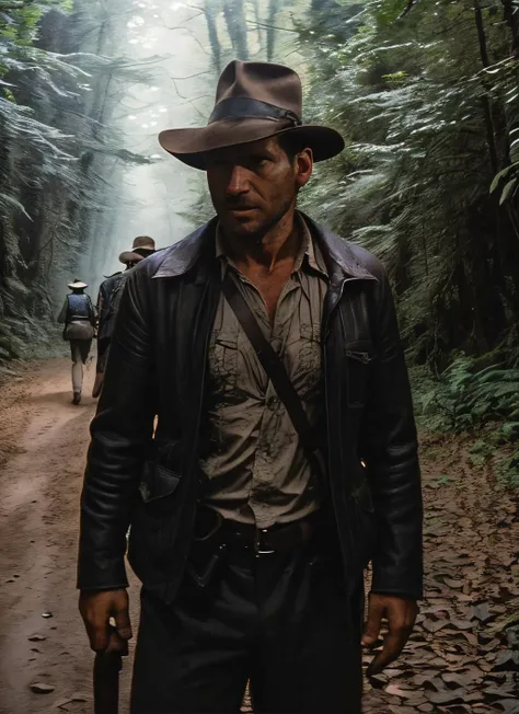 arafed man in a hat and leather jacket walking down a dirt road