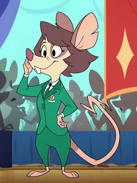 cartoon of a mouse in a suit and tie standing on stage