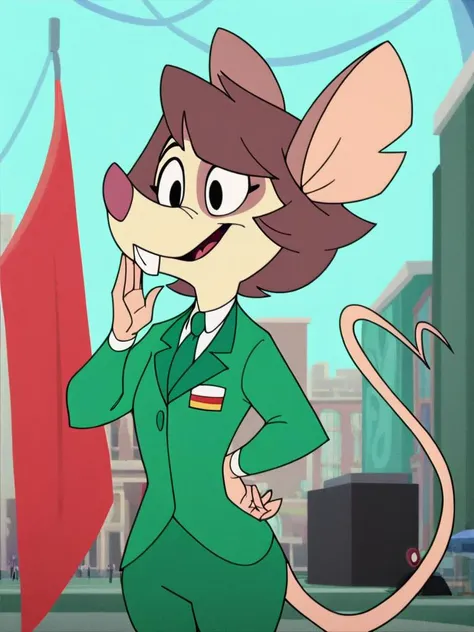 cartoon of a woman in a green suit and a mouse