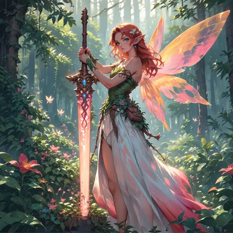 a woman in a dress holding a sword in a forest