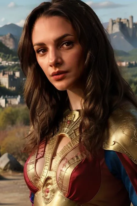 Professional photograph of <lora:thelma:1> thelma as a medieval fantasy hero, shes in in the mountains, fantasy kingdom city in the background, blue skies, fantasy genre, movie scene, wearing golden armor with red silk, muscular body, long brown hair, dete...