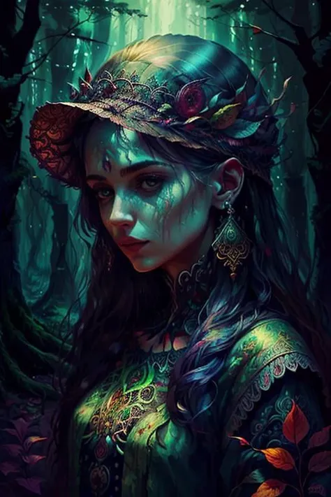 woman in a mythical forest, masterpiece, perfect face, intricate details, horror theme  <lora:rainbowart_v1_loha:0.55> rainbowar...