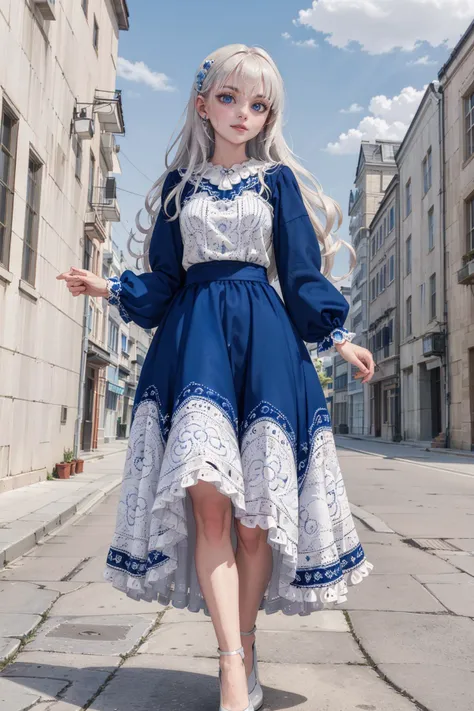 gzhel style, 1girl, blue eyes, white dress, long hair, full body, solo, standing, closed mouth, blue dress, outdoors, (smile:0.6), mid shot <lora:gzhel_style:0.75>