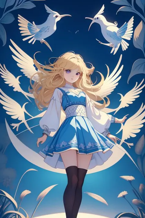 a girl in a blue dress with white wings and a bird