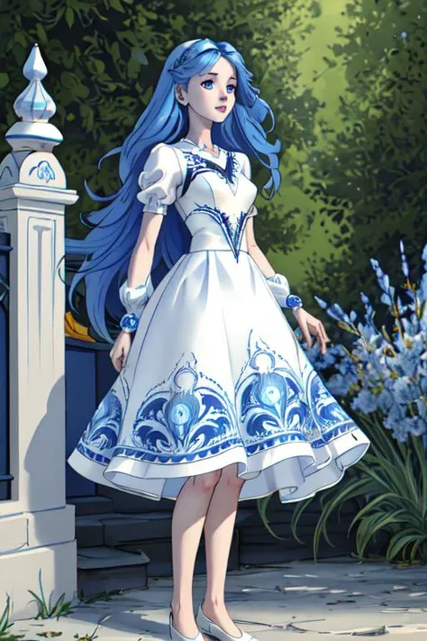 gzhel style, 1girl, blue eyes, white dress, long hair, full body, solo, standing, closed mouth, blue dress, outdoors, (smile:0.6), mid shot <lora:gzhel_style:0.75>