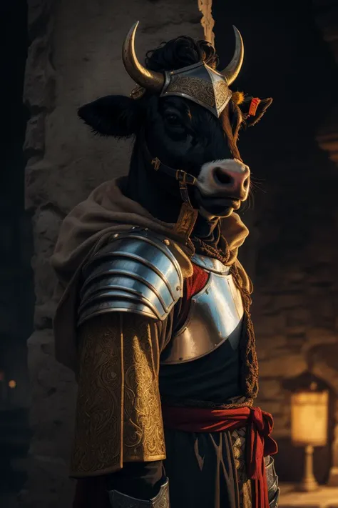 ((masterpiece), (best quality), ultra high res, (raw photo:1.2), (photorealistic:1.4), Exceptional detail, dramatic lighting, 8k, absurdres, 1cow, animal, medieval knight, dim light, ornate, ornament, noble, robe, outdoors,