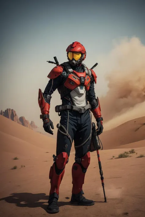 masterpiece, male in red futuristic exosuit, lost in desert, sweaty, scared, tired, struggle, sandstorm, 8K, HDR, absurdres,