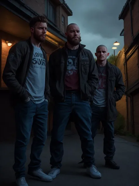 masterpiece, best quality, 2boys, adult males, beards, chavs, rough, dirty, Mancunian, mean, bullies, druggies, skinheads, in front of suburban house, realistic, dramatic lighting, atmospheric, intricate detail