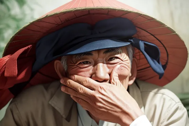 Old asian dude wearing a vietnamese hat, hands on his face, happy eyes