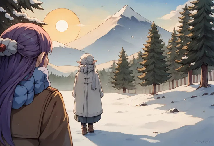 score_9, score_8_up,score_7_up, source_ anime, traditional art, snow, winter,2girls,
BREAK
forest,mountains, low sun, light particles, 
BREAK 
FernWinter, purple eyes, purple hair, long hair, half updo, hair ornament, blue scarf, dark blue dress, white jac...