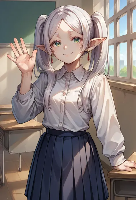 anime girl in a school uniform waving her hand