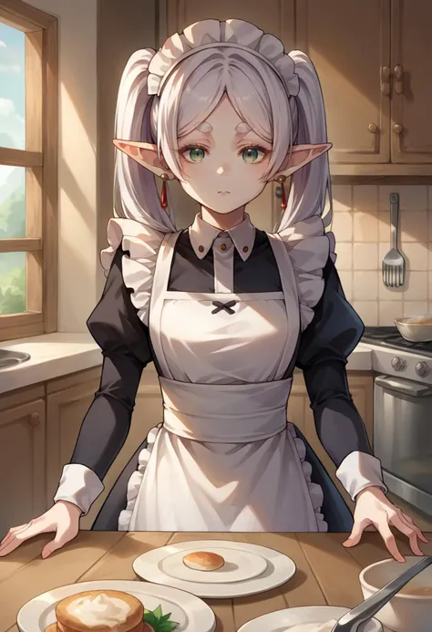 anime girl in a kitchen with a plate of food and a knife