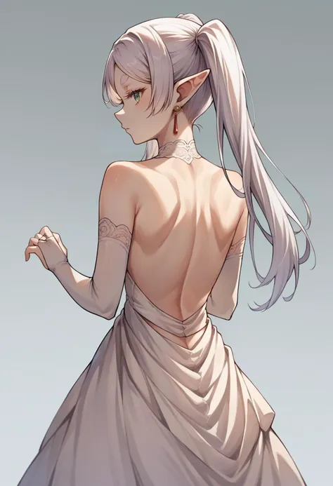 a woman in a dress with a ponytail and tattoos on her back