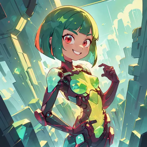 <lora:GemTech-22:0.8>, gemtech , scifi, internal reflections , transparent, inner details , emerald,
best quality,flat vector art , illustration , cowboy shot, sweet grin ,standing in a scifi city
1girl,perfect face , bob cut, red eyes, green hair, small b...