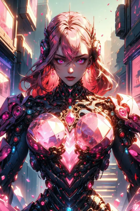 a woman in a futuristic outfit with pink hair and a pink heart