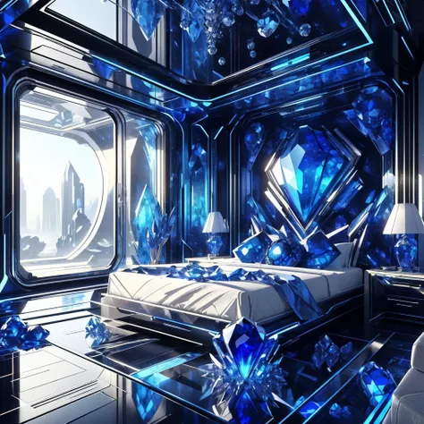 <lora:GemTech-22:0.8>, gemtech , scifi, internal reflections , transparent, inner details   ,  sapphire, 
futuristic bedroom