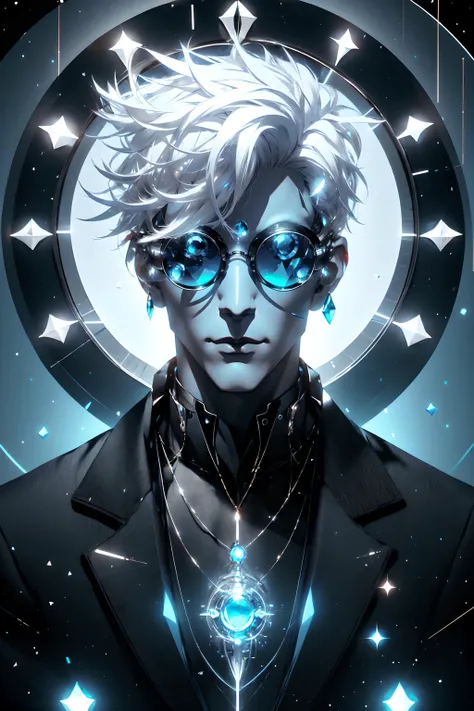 male, short white hair, oval glasses, dark style, neon glowing clock face background, blue gems, gemtech <lora:Dark_style_art:0.8> <lora:GemTech-22:0.8>