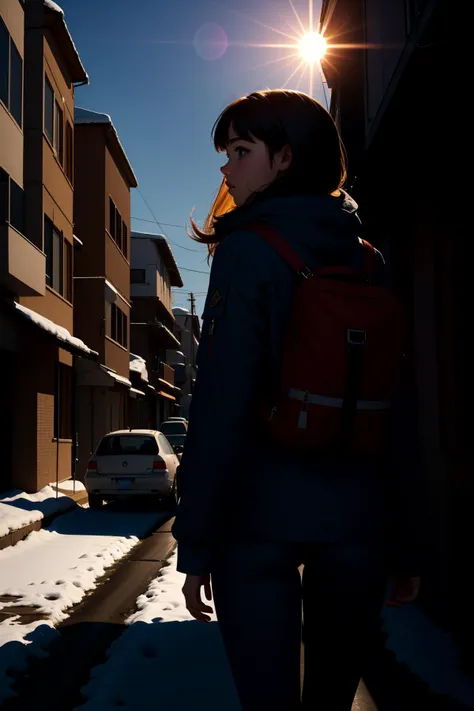 arafed woman walking down a snowy street with a backpack