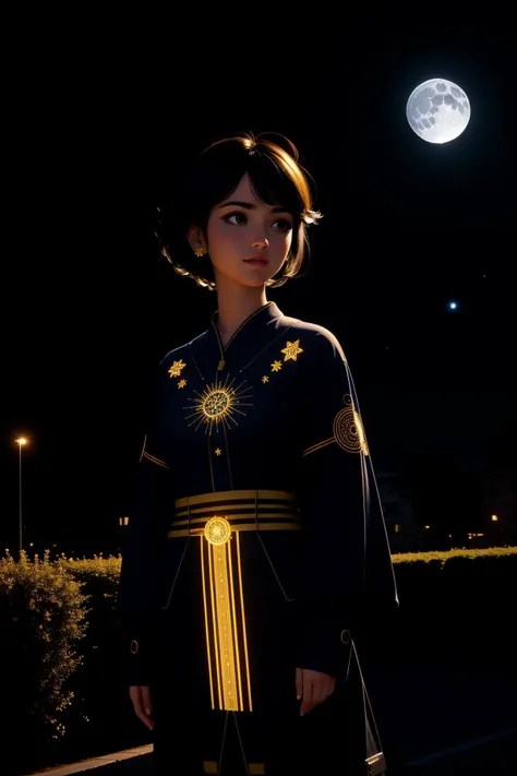 a woman in a black and gold outfit standing in front of a full moon