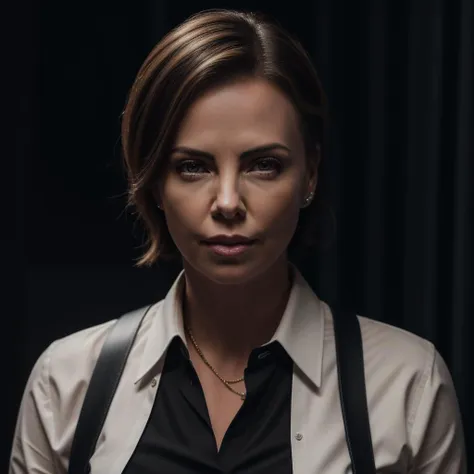 a woman in a black shirt and suspenders is staring at the camera