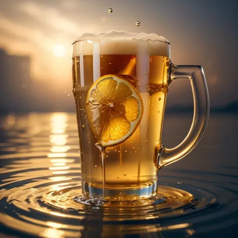 (8k, RAW photo, best quality, masterpiece:1.2),(realistic, photo-realistic:1.37),beer,(shiny background:1.2),yellow theme,water surface, <lora:cosmetics_v2:0.5>,solo focus,Product Feature