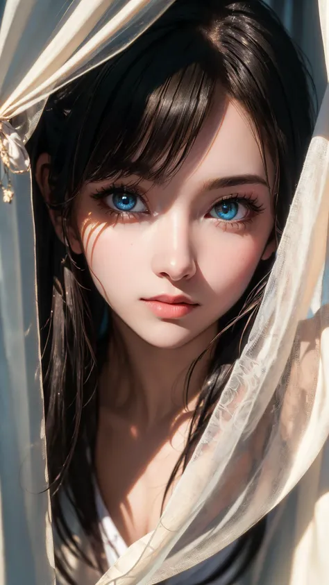 (((masterpiece))),(best quality),((ultra-detailed)),(intricate details),1girl,solo,
((peeking from behind curtains)),beautiful eyes,macro shot,colorful details,natural lighting,analog film,detailed skin,
amazing composition,subsurface scattering,velus hair...