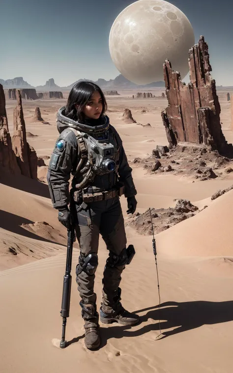 (Cinematic Still, Establishing Shot, Moody Atmosphere, Layered Depth, Parallax Effect, Soft focus foreground, intricately detailed background:1.2), (Prospector Discovering Alien Ruins on a Desert Planet, Space Western:1.1), This scene shows a woman with a ...