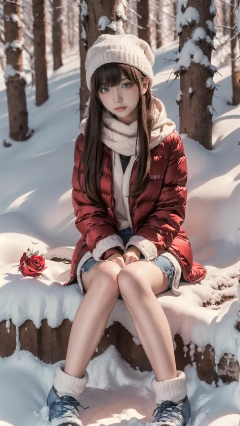 long hair,bangs,high-resolution image,natural light,Asian ethnicity,young woman,masterpiece,best quality,winter,snow field,blue eyes,blunt bangs,brown hair,fruit,full body,hat,looking at viewer,red flower,red rose,rose,sitting,solo,sky,sun,mountain,forest,...