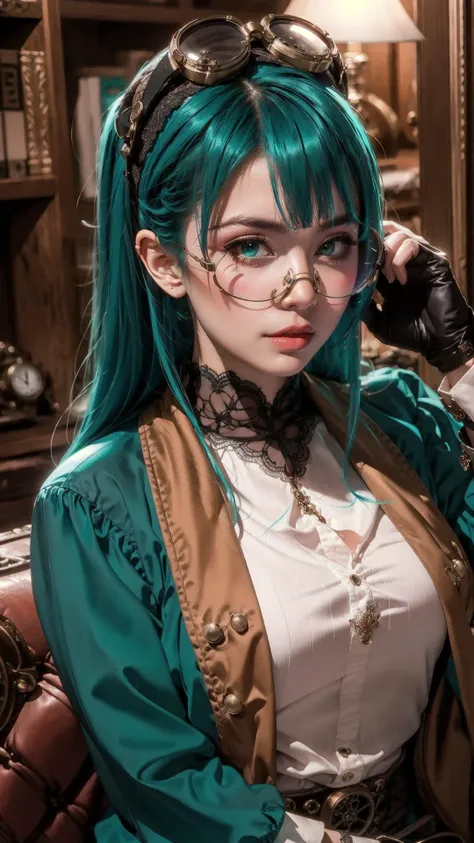 long hair, bangs, high-resolution image, natural light, Asian ethnicity, young woman with blue hair and goggles on her head and a clock in the background with a clock,Charlie Bowater,steampunk,a character portrait,aqua eyes,aqua hair,eyewear on head,finger...