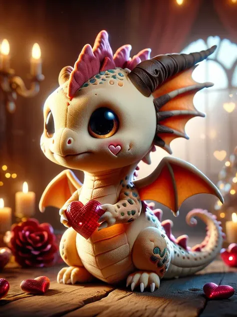 a close up of a small dragon with a heart in its mouth