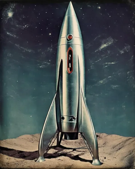 a close up of a silver rocket on a desert surface