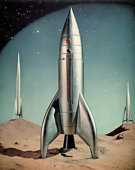 there is a silver rocket sitting on top of a desert