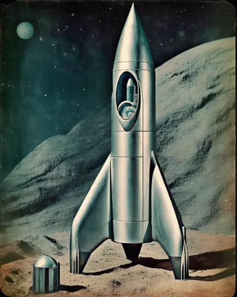 a close up of a metal rocket on a surface with a moon in the background