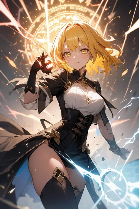 (masterpiece, best quality), 1girl, yellow hair, sparks hair, yellow eyes, electricity sparks, thunder blade, yellow magic circle, yellow corset, black thighhighs, sidelighting, light particles, abstract,