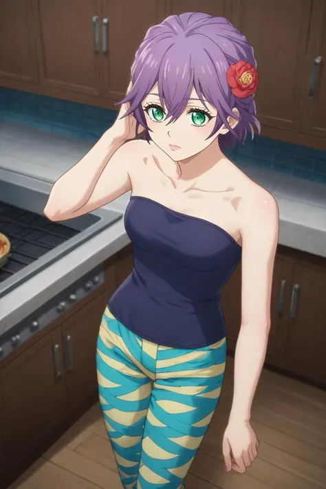 anime girl in a blue top and green pants standing in a kitchen