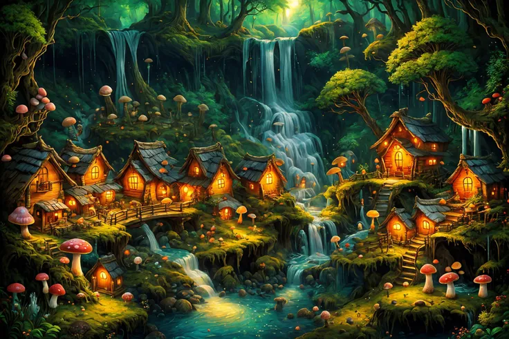 ((masterpiece,best quality)), absurdres, 8k, intricate, high detail,  EDOBSYFYCITYLANDSCAPE, EDOBFAIRYTALELANDSCAPE, EDOBHORRORLANDSCAPE,
a village of mushroom houses near a babbling brook, waterfall, bridges
mushrooms, Mushroom house, magic, glowing
<lora...