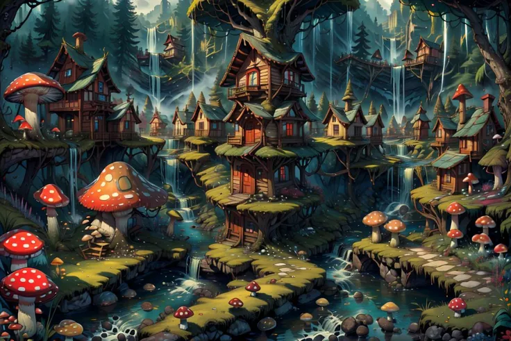 ((masterpiece,best quality)), absurdres, 8k, intricate, high detail,   
<lora:Magical_Forest_Home_v2:0.8>, Magical_Forest_Home,
a village of mushroom houses near a babbling brook, waterfall, bridges, 
mushrooms, Mushroom house, magic, mist, sunny day,