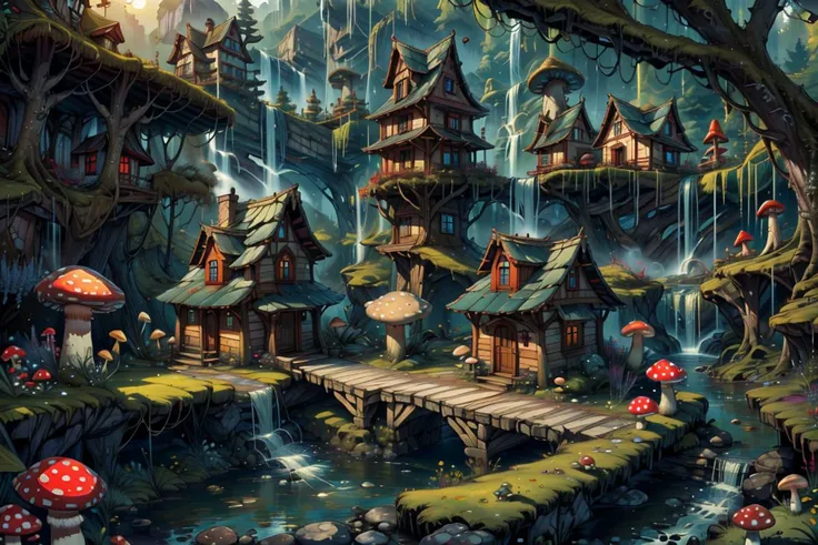 ((masterpiece,best quality)), absurdres, 8k, intricate, high detail,   
<lora:Magical_Forest_Home_v2:0.8>, Magical_Forest_Home,
a village of mushroom houses near a babbling brook, waterfall, bridges, 
mushrooms, Mushroom house, magic, mist, sunny day,